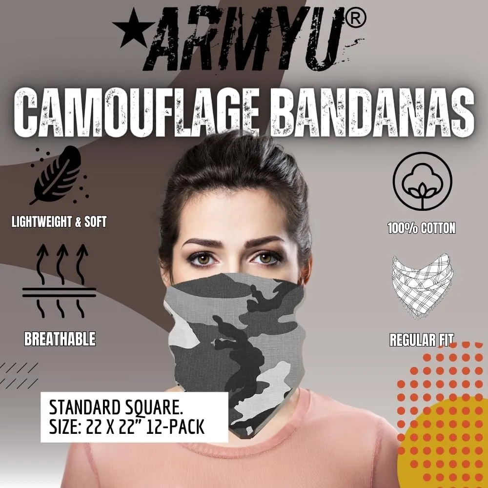 12 Pack Camouflage Bandanas Army Camo Headwraps Military Head Scarves Do-rags 100% Cotton Bandannas 22'' Square