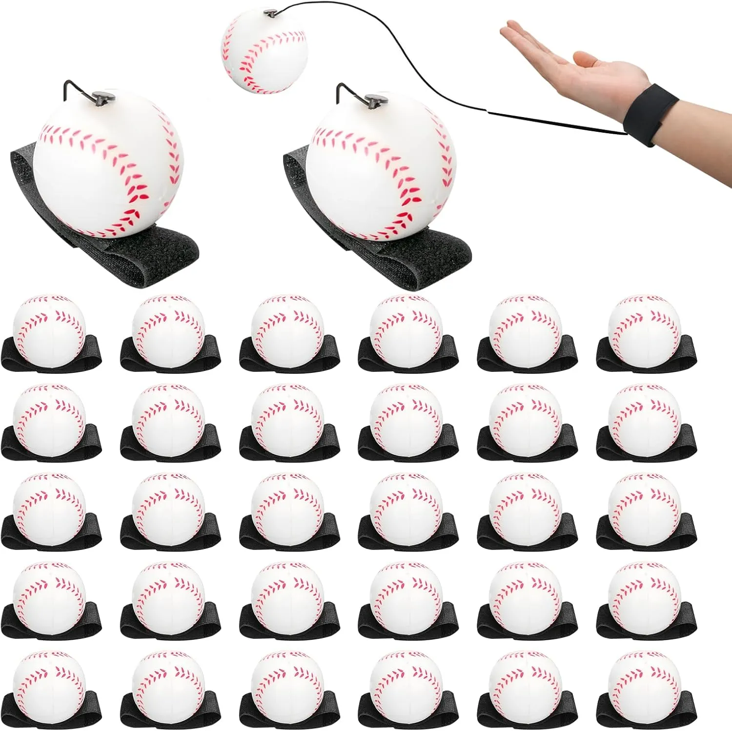 2.36 Inch Bounce Back Baseball Wrist Rebound Ball - 32 Pieces (2 Sets of 16) - White Rubber Wrist Exercise Ball