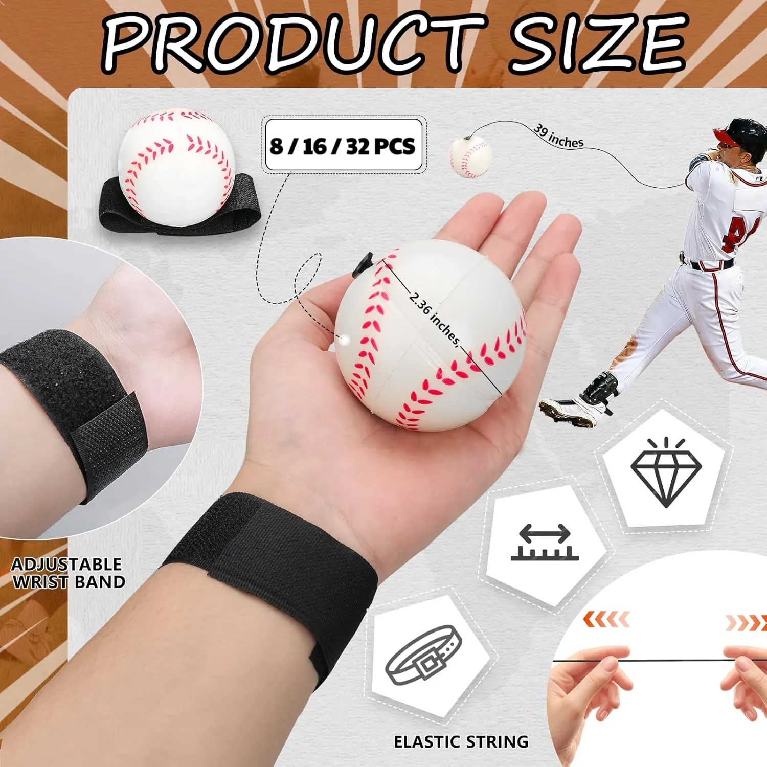 2.36 Inch Bounce Back Baseball Wrist Rebound Ball - 32 Pieces (2 Sets of 16) - White Rubber Wrist Exercise Ball