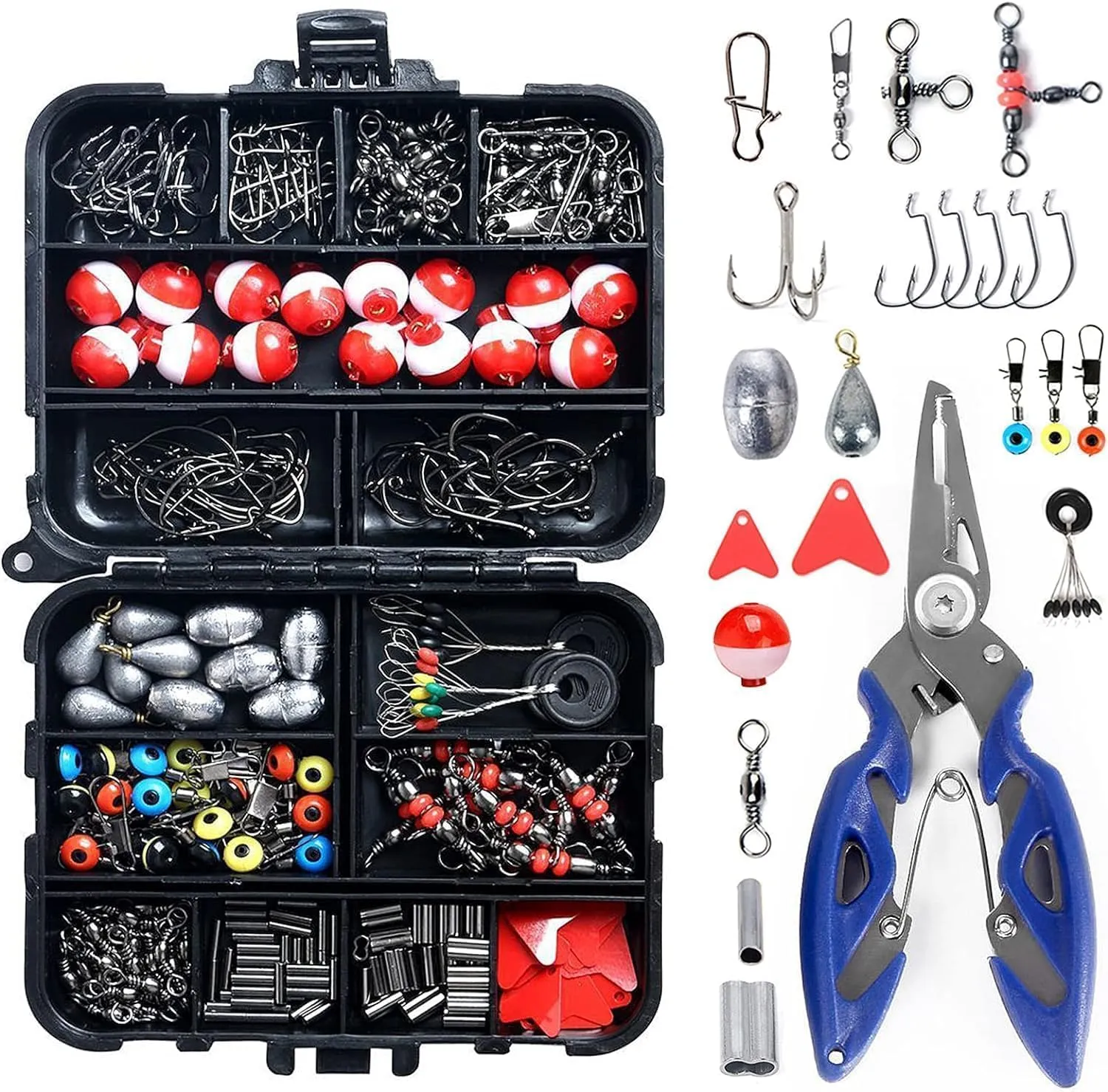 264pc Fishing Tackle Accessories Kit with Tackle Box - Including Jig Hooks, Weights, Floats, Bobber Stop (Red)