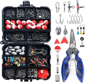 264pc Fishing Tackle Accessories Kit with Tackle Box - Including Jig Hooks, Weights, Floats, Bobber Stop (Red)