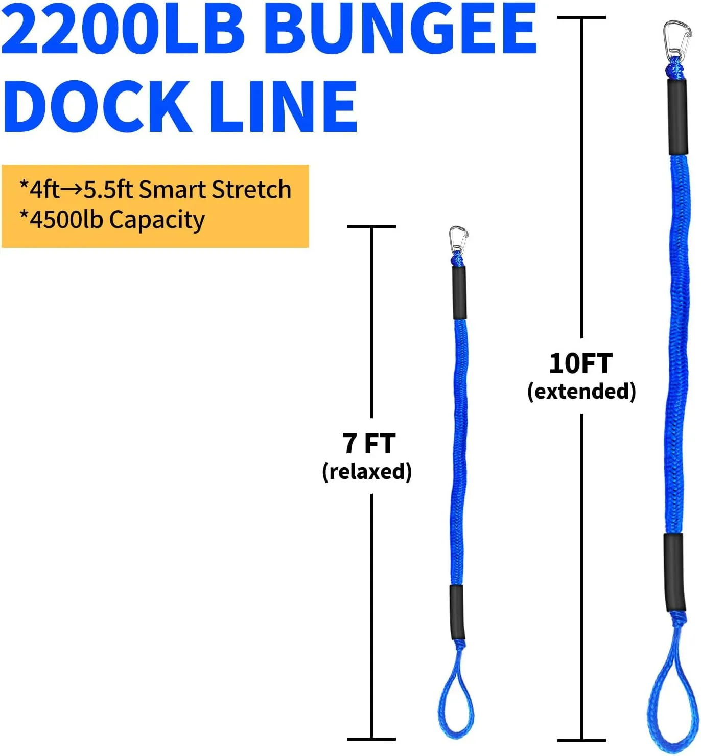 Anchor Boat Bungee Dock Lines for Jet Ski, 7ft (Stretches to 10 ft) Boat Anchor Ropes Pack of 2 (Blue)