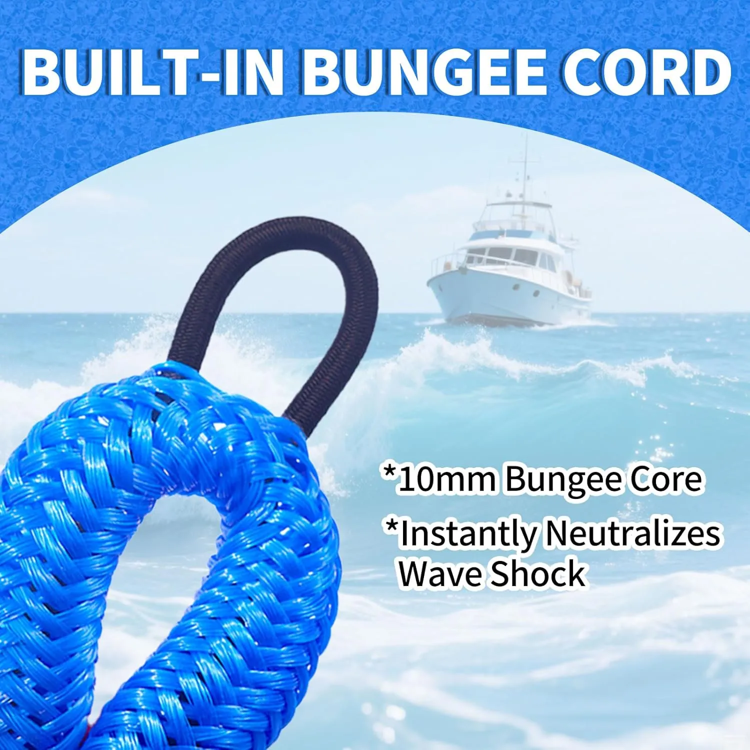 Anchor Boat Bungee Dock Lines for Jet Ski, 7ft (Stretches to 10 ft) Boat Anchor Ropes Pack of 2 (Blue)