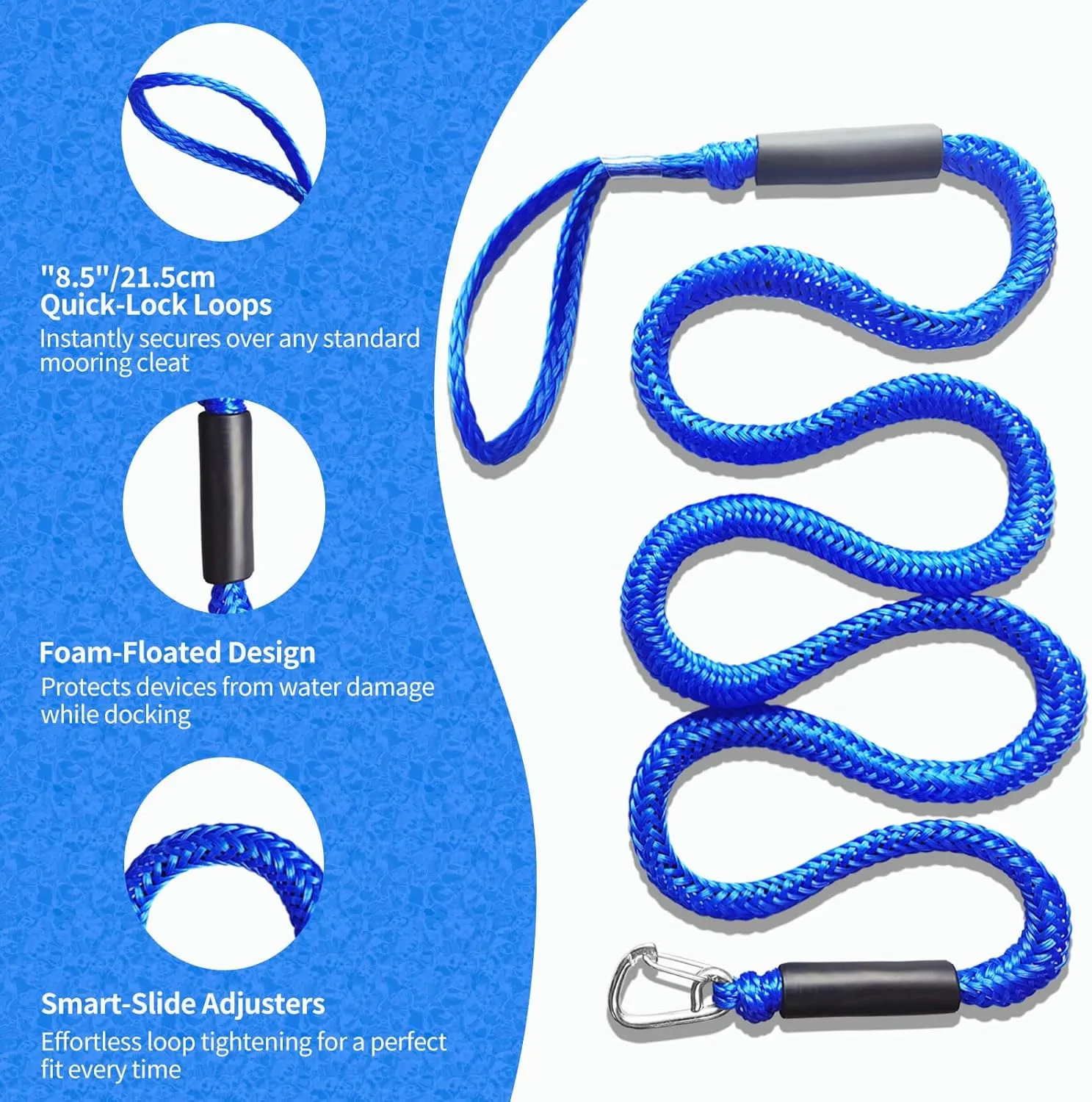 Anchor Boat Bungee Dock Lines for Jet Ski, 7ft (Stretches to 10 ft) Boat Anchor Ropes Pack of 2 (Blue)