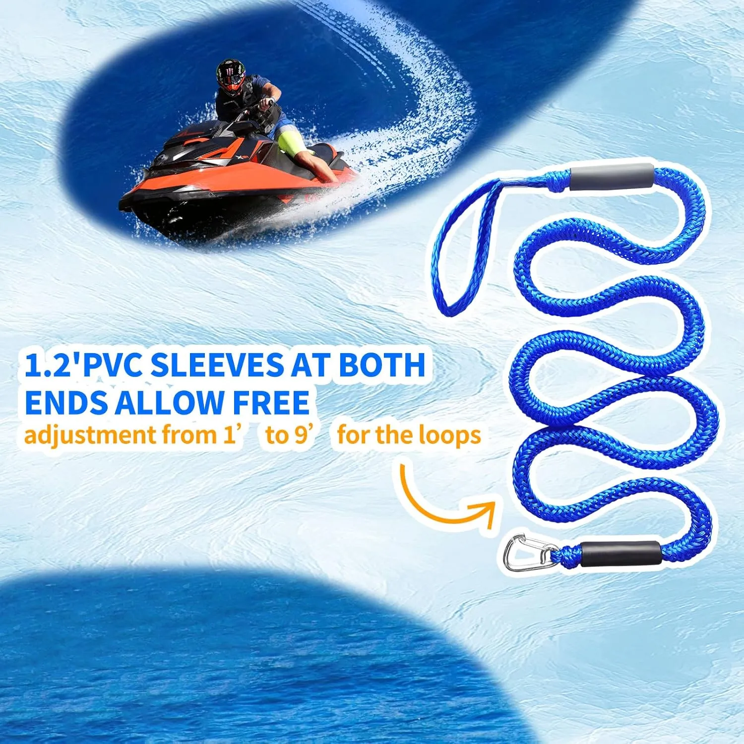 Anchor Boat Bungee Dock Lines for Jet Ski, 7ft (Stretches to 10 ft) Boat Anchor Ropes Pack of 2 (Blue)