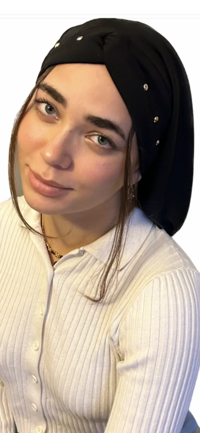 Black Snood Turban Hijab With Gold and Silver Colored Metal Studs Pattern Design | Lycra Head Friendly Fabric | Made in USA