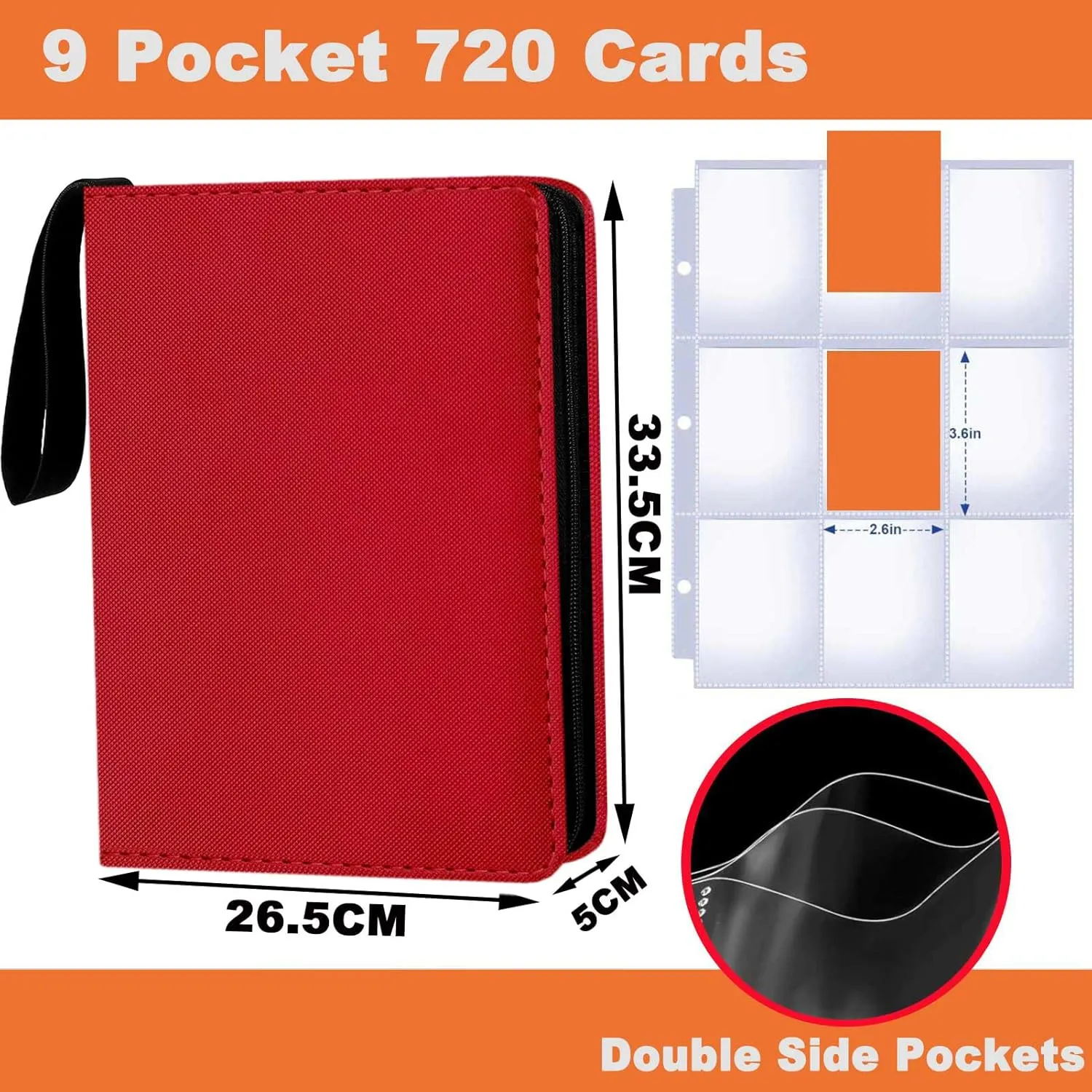 Card Binder 9 Pocket Premium Zipper Trading Card Album 720 Cards Folders for Collectible MTG TCG Sports Cards Binder (Red)