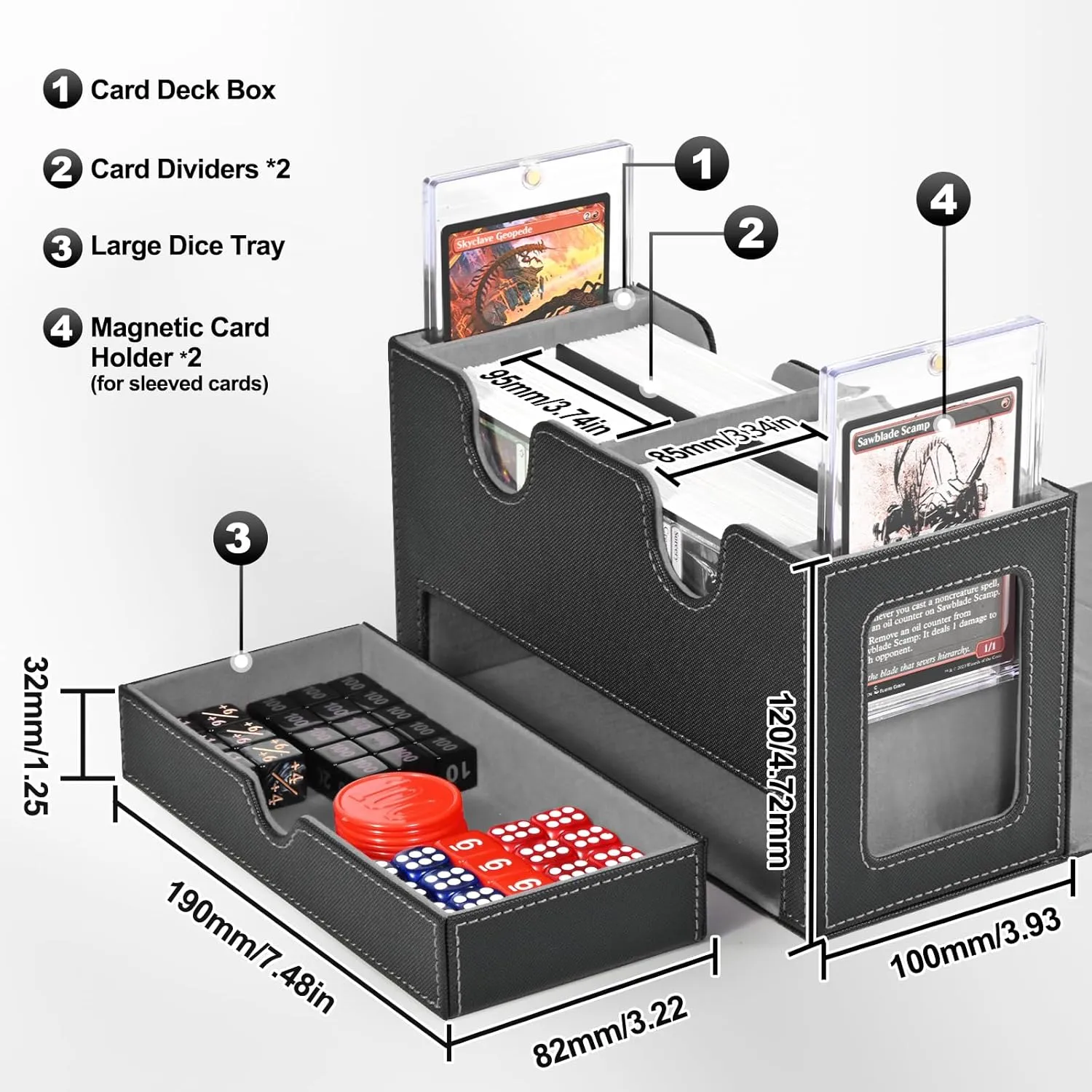 Card Deck Box for MTG, Double Storage Box with 2 Commander Display & 1 Dice Tray, Fits 200  Double Sleeved, Organizer for CCG TCG Sports(Black Gray)