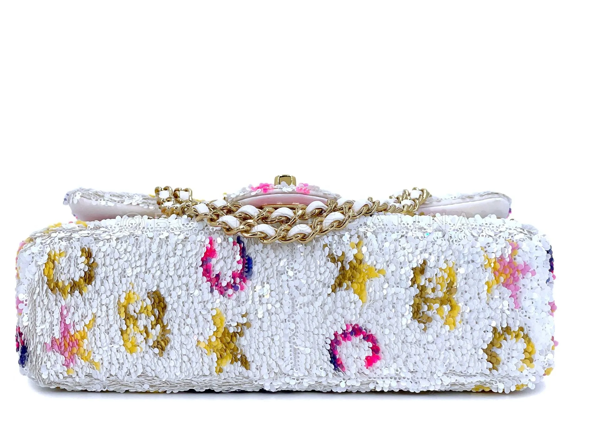 Chanel 24C White Letter Sequin Paris LA Mini Flap Bag GHW XXP