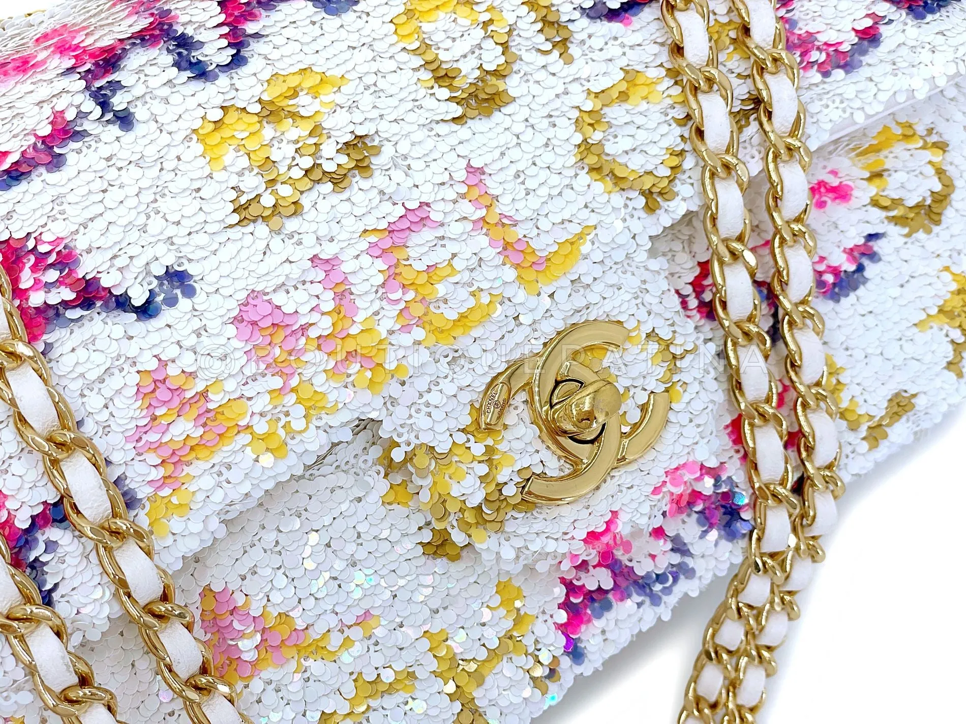 Chanel 24C White Letter Sequin Paris LA Mini Flap Bag GHW XXP