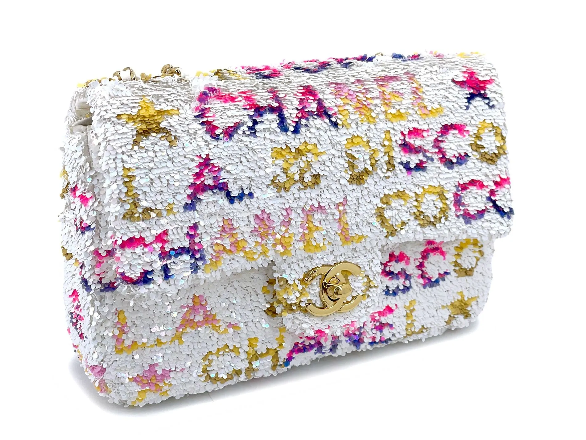 Chanel 24C White Letter Sequin Paris LA Mini Flap Bag GHW XXP