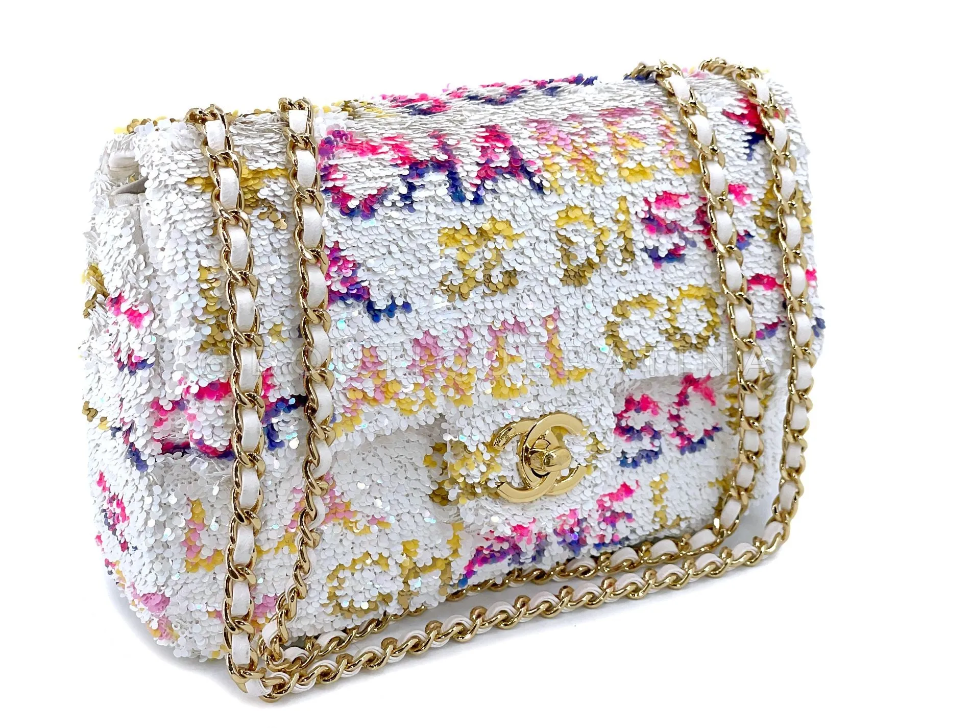 Chanel 24C White Letter Sequin Paris LA Mini Flap Bag GHW XXP