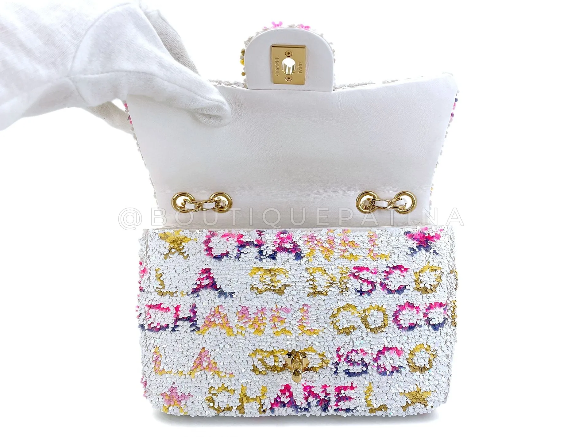 Chanel 24C White Letter Sequin Paris LA Mini Flap Bag GHW XXP