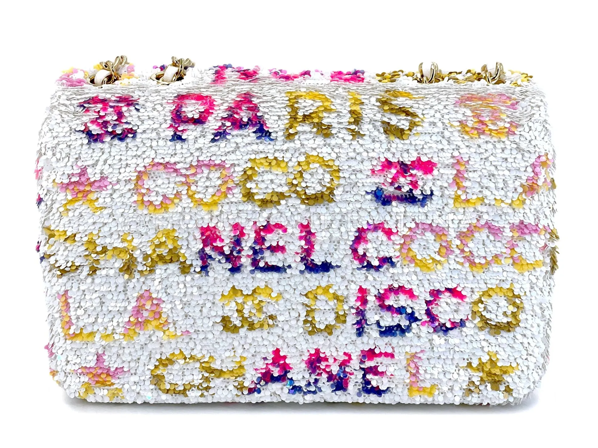 Chanel 24C White Letter Sequin Paris LA Mini Flap Bag GHW XXP