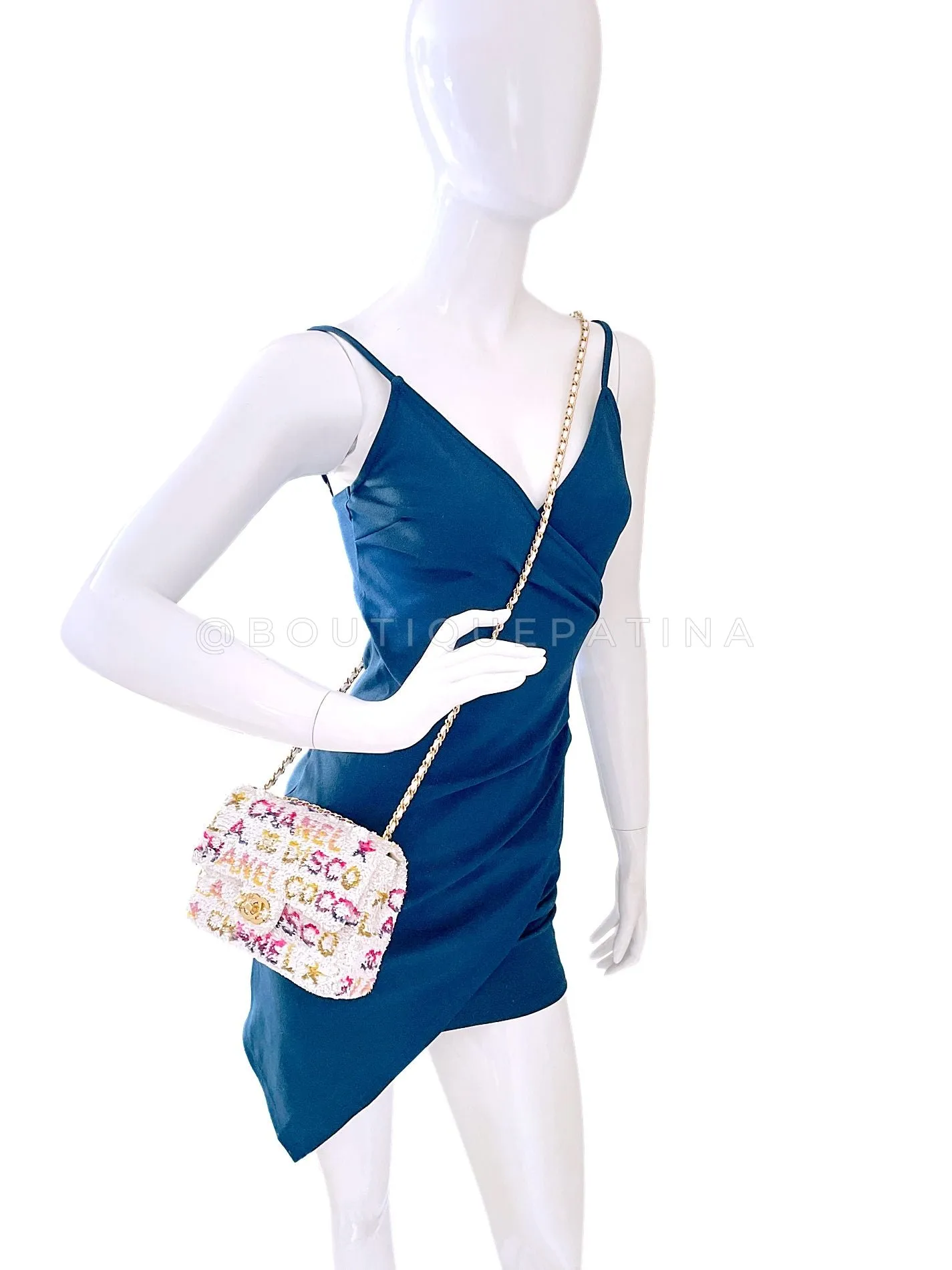Chanel 24C White Letter Sequin Paris LA Mini Flap Bag GHW XXP