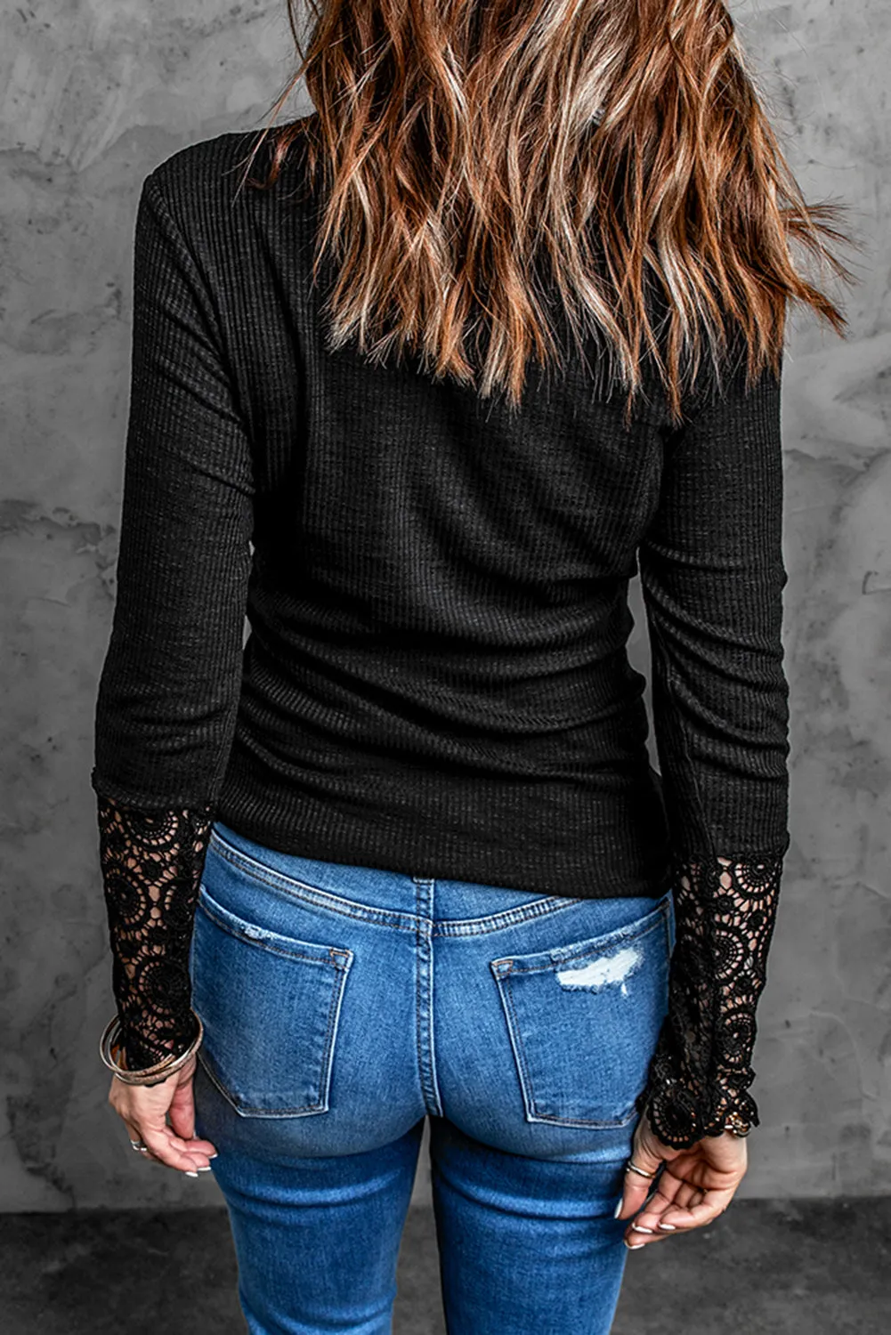 Chic Black Crochet Lace Hem Sleeve Button Top