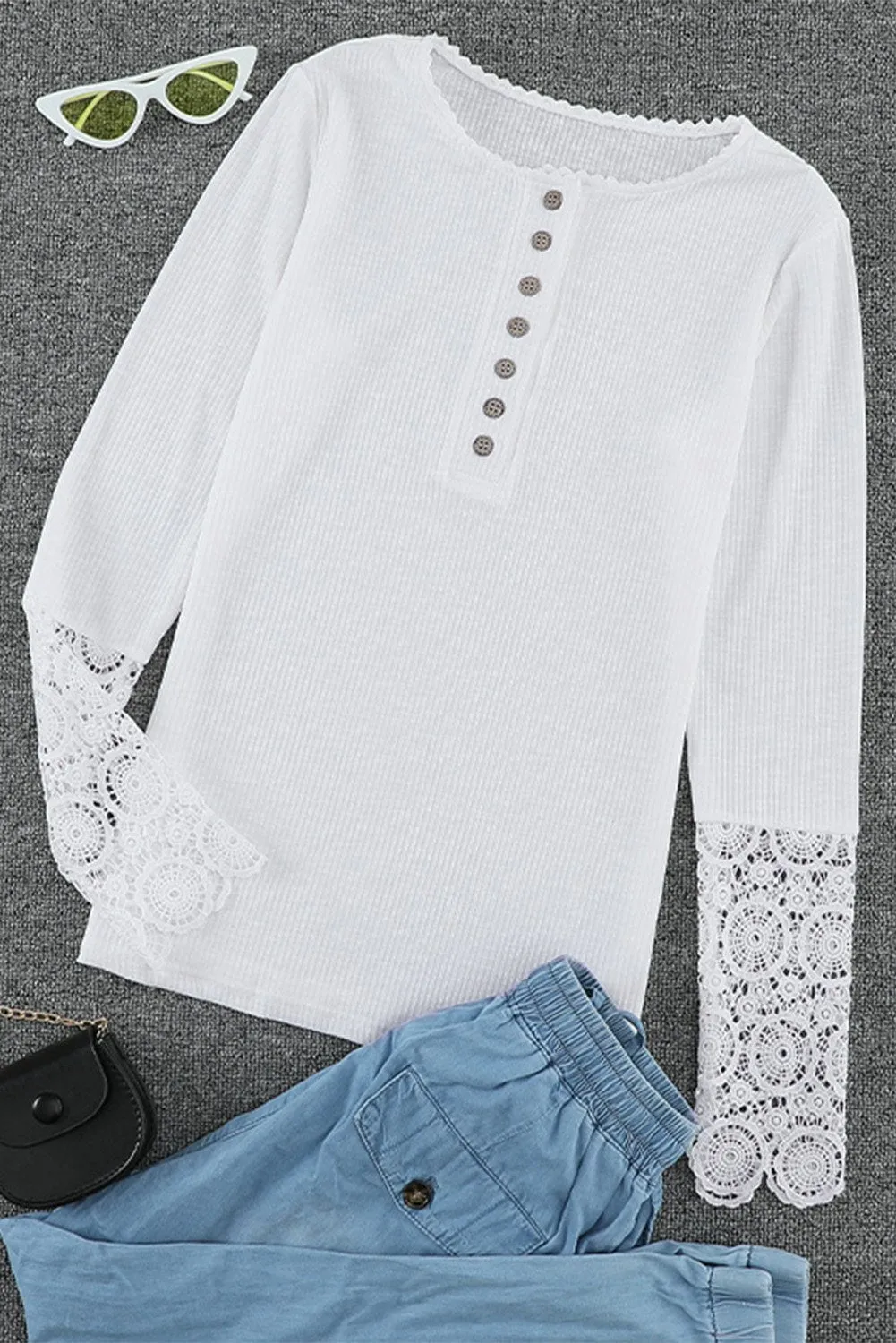 Chic White Crochet Lace Hem Sleeve Button Top