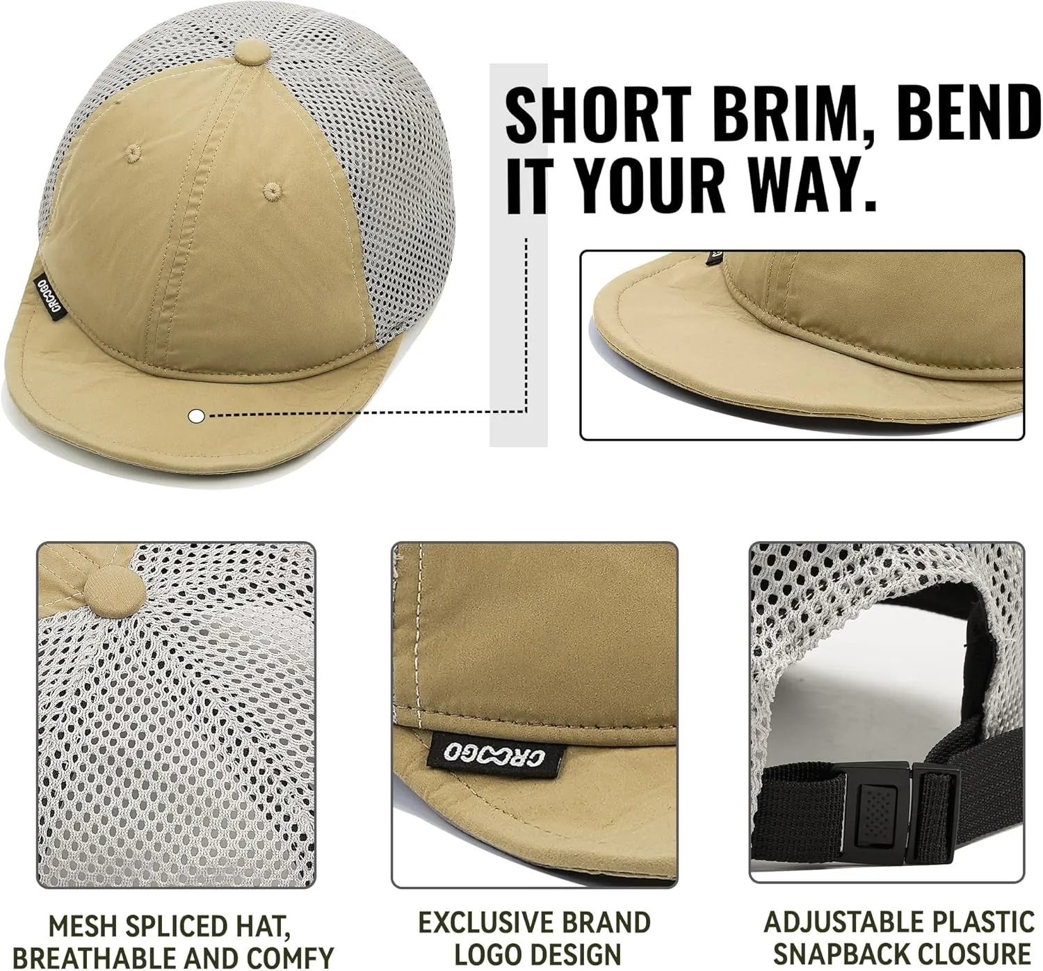 Croogo Breathable Short Brim Baseball Cap Mesh Trucker Hat Soft Flat Bill Dad Hats Lightweight Ultra Thin Sport Sun Cap