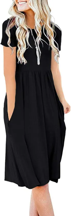 DB MOON Women Summer Casual Short Sleeve Dresses Empire Waist Dress with Pockets
