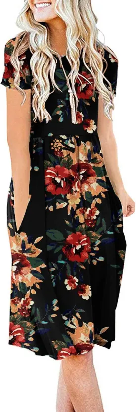 DB MOON Women Summer Casual Short Sleeve Dresses Empire Waist Dress with Pockets