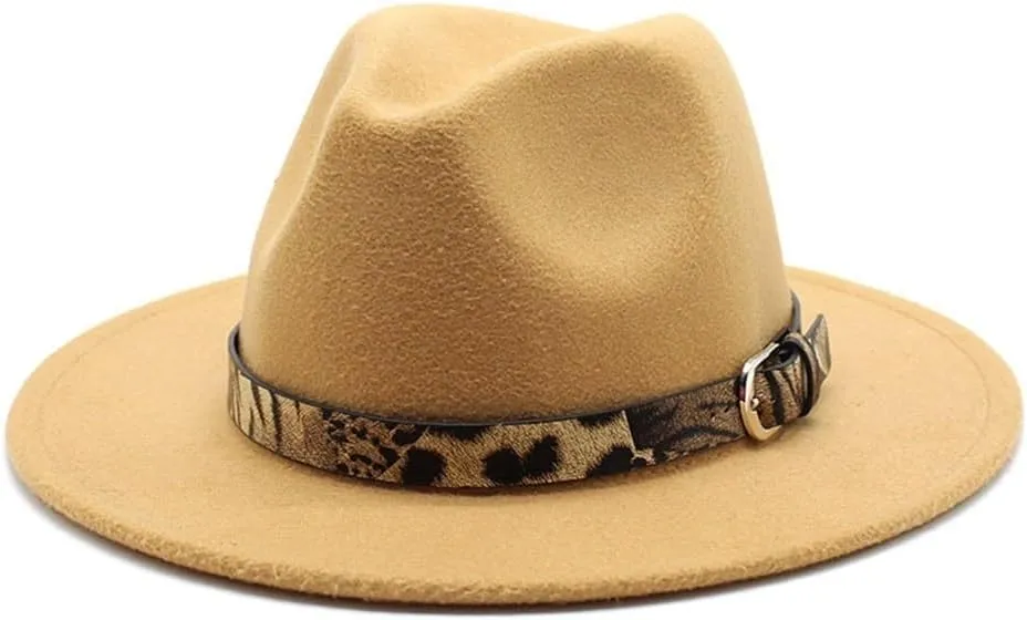 DHAEY Autumn and Winter New Woolen Hat Leopard Texture Hat Men and Women Flat Brim Big Brim Jazz Hat Felt Hat with Leopard Belt Luopan Caps & Hats (Color : Camel, Size : 56-58cm)