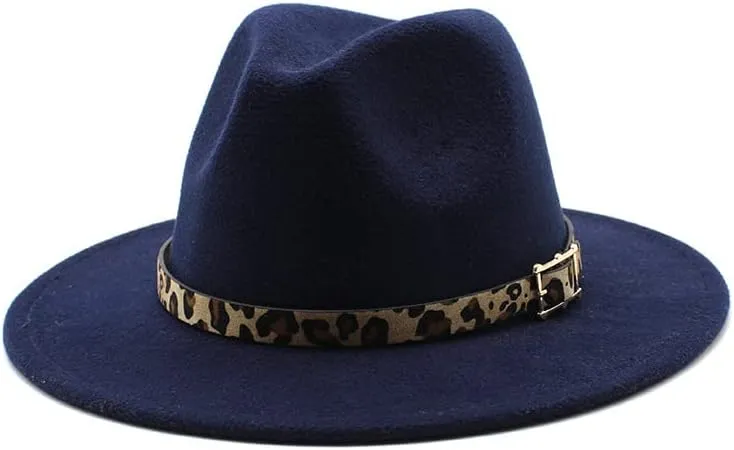 DHAEY European and American Woolen Hat, Leopard Print Hat for Men and Women, Flat Brim Big Brim Jazz Felt Hat Luopan Caps & Hats (Color : Navy, Size : M)