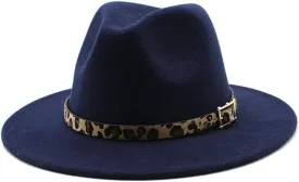 DHAEY European and American Woolen Hat, Leopard Print Hat for Men and Women, Flat Brim Big Brim Jazz Felt Hat Luopan Caps & Hats (Color : Navy, Size : M)
