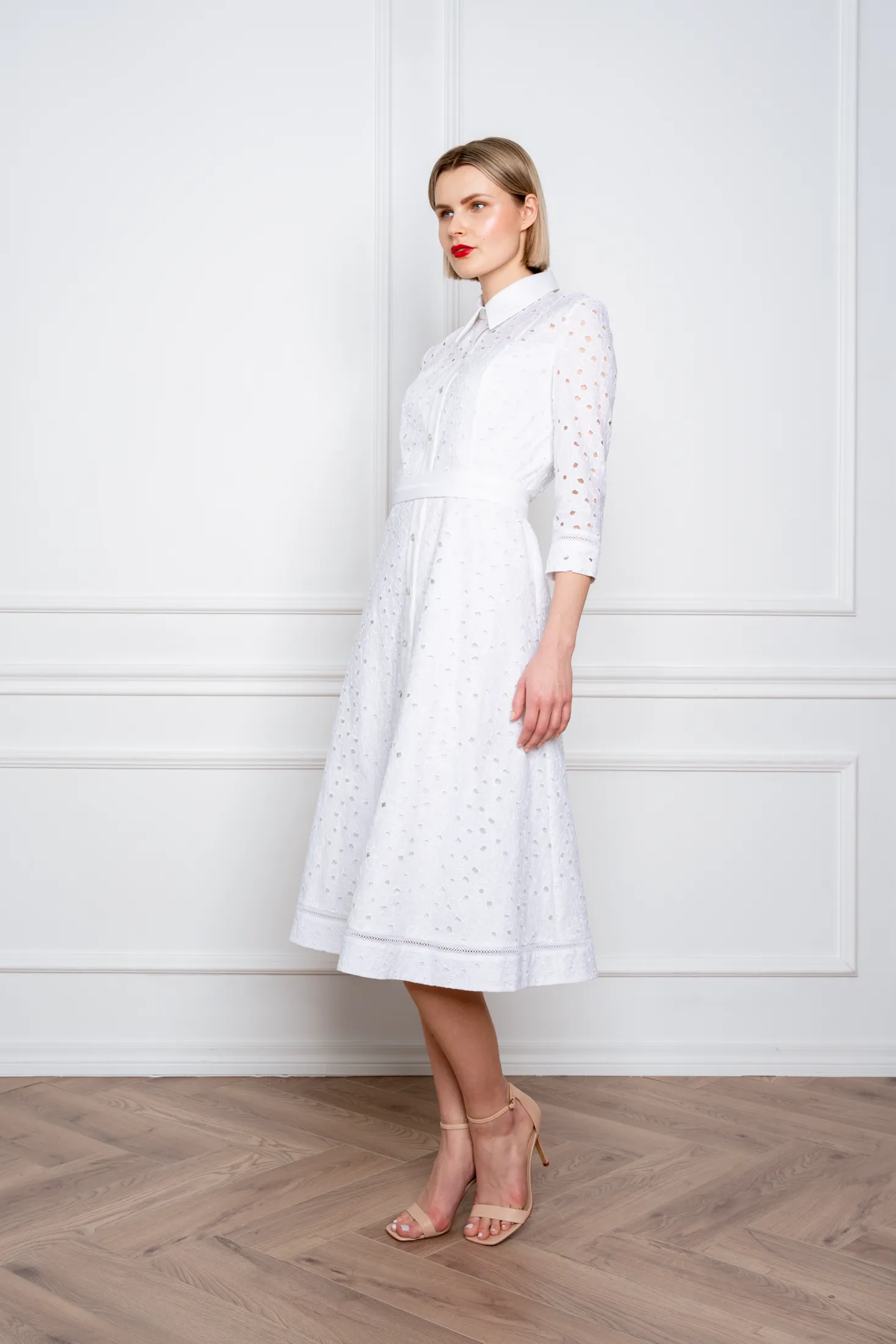 EULOPHIA WHITE FLORAL BRODERIE ANGLAISE COTTON-POPLIN MIDI SHIRT DRESS