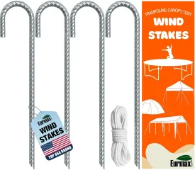 Eurmax USA Trampolines Stakes Heavy Duty Ground Stakes Canopy Parts Wind Stake with Rope 12 Inch Heavy Duty Stake Safety Ground Anchor Galvanized Steel J Shaped, Pack of 4(Gray)