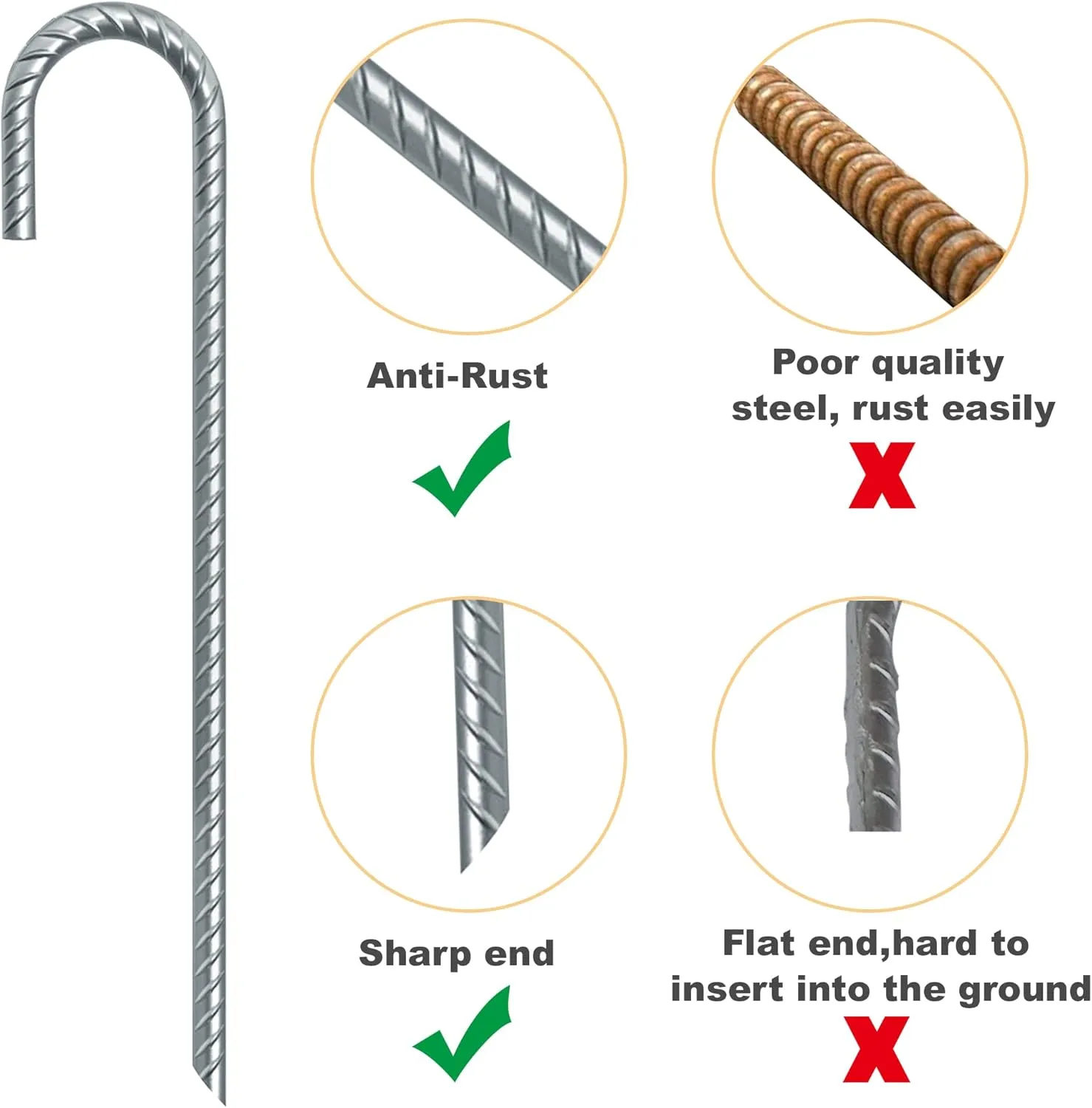 Eurmax USA Trampolines Stakes Heavy Duty Ground Stakes Canopy Parts Wind Stake with Rope 12 Inch Heavy Duty Stake Safety Ground Anchor Galvanized Steel J Shaped, Pack of 4(Gray)