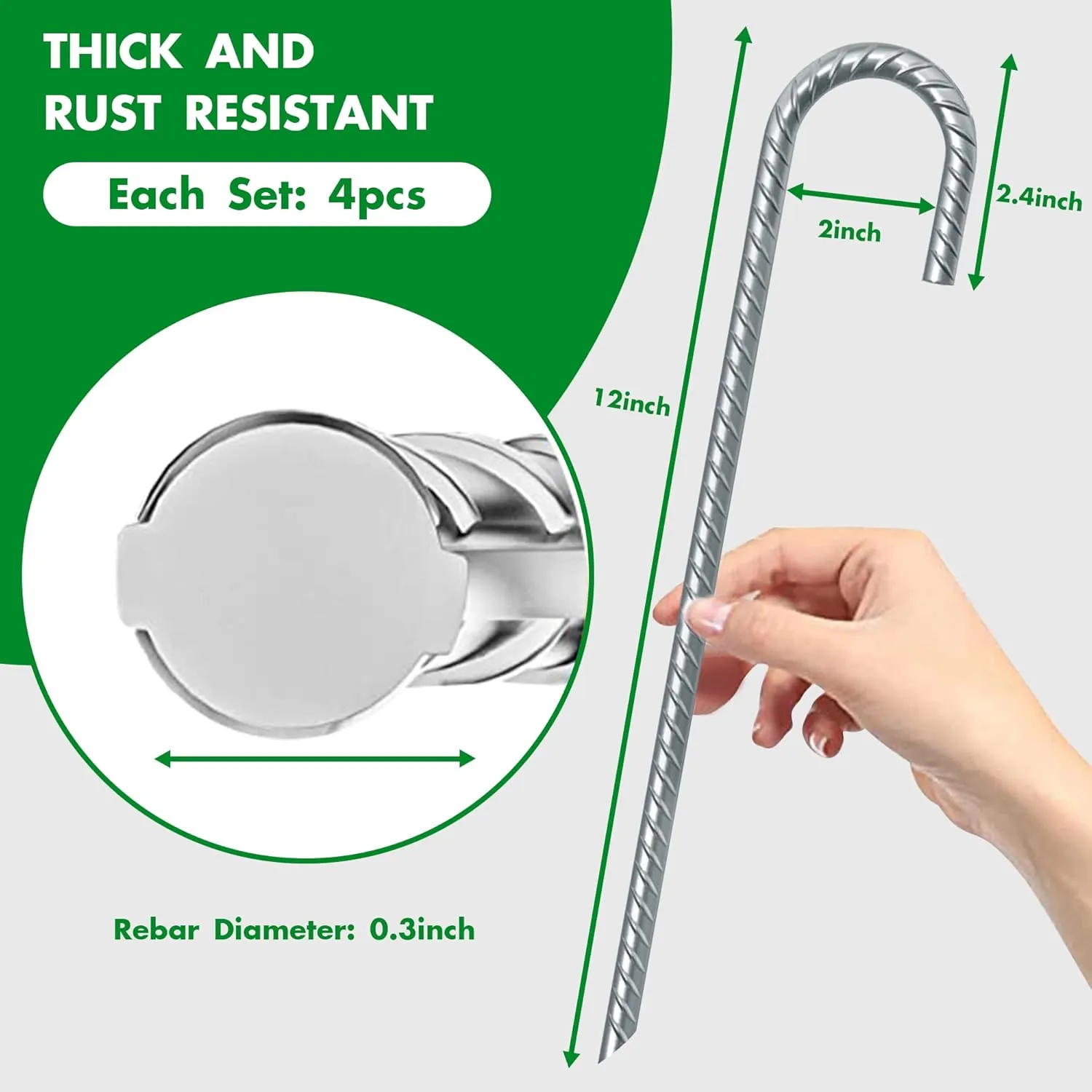 Eurmax USA Trampolines Stakes Heavy Duty Ground Stakes Canopy Parts Wind Stake with Rope 12 Inch Heavy Duty Stake Safety Ground Anchor Galvanized Steel J Shaped, Pack of 4(Gray)