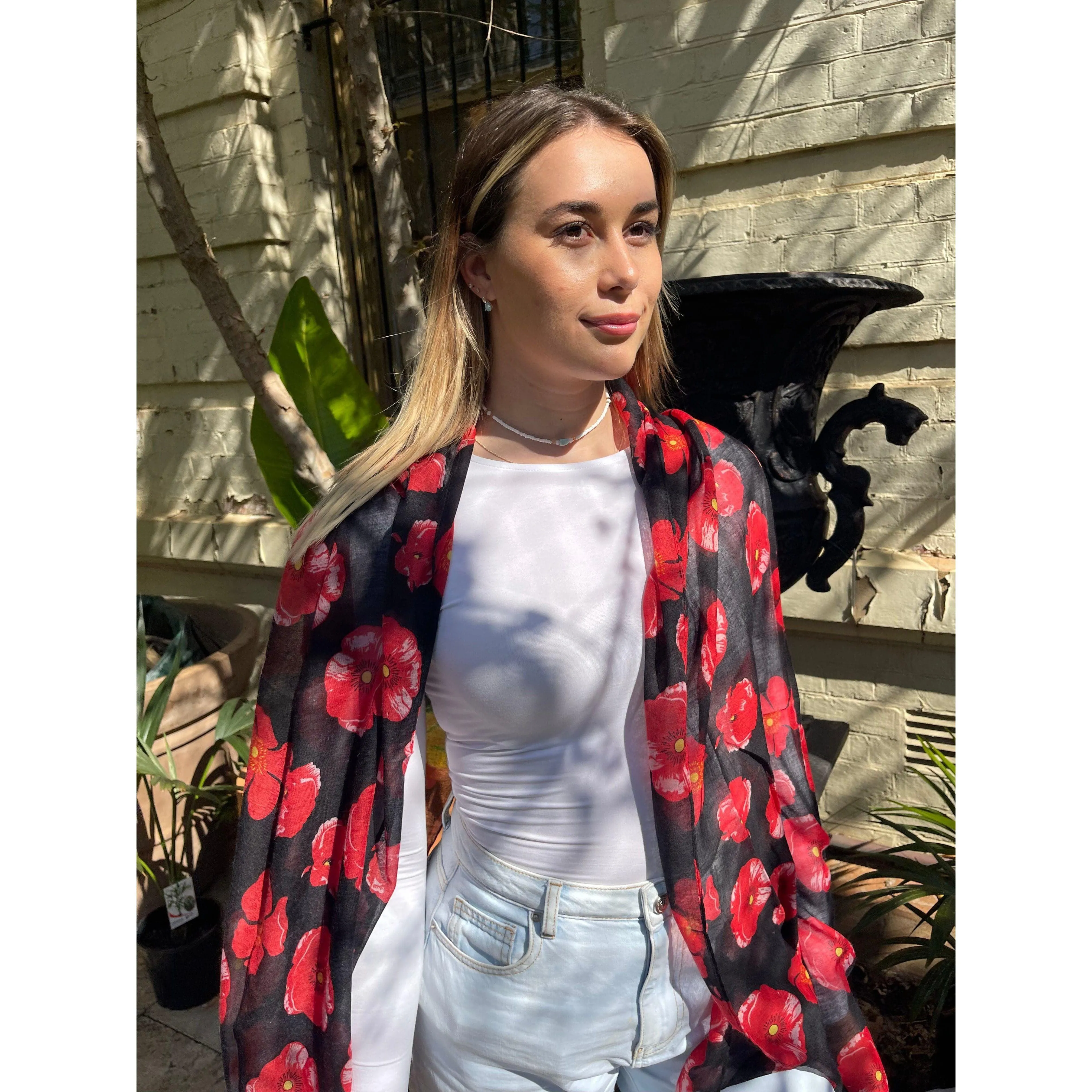 Floral Scarf - Red Poppy On Black Background