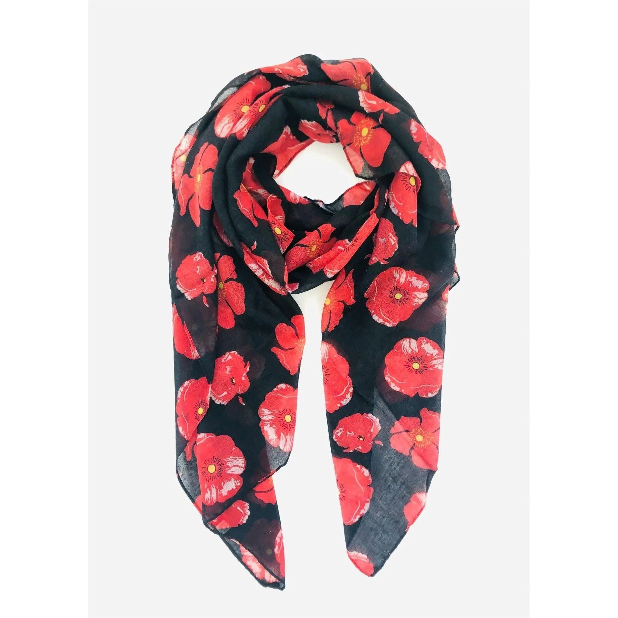 Floral Scarf - Red Poppy On Black Background
