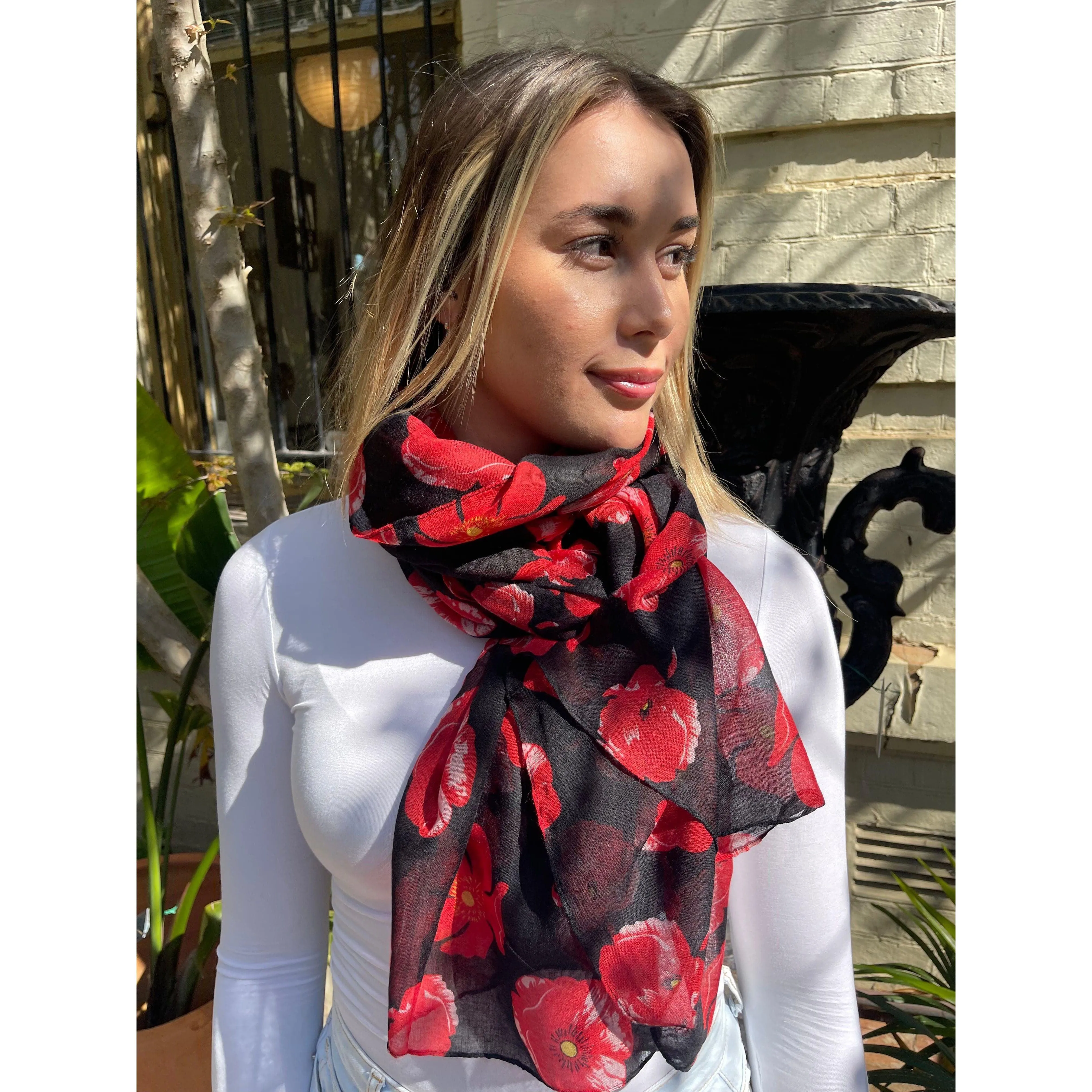 Floral Scarf - Red Poppy On Black Background
