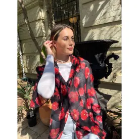 Floral Scarf - Red Poppy On Black Background