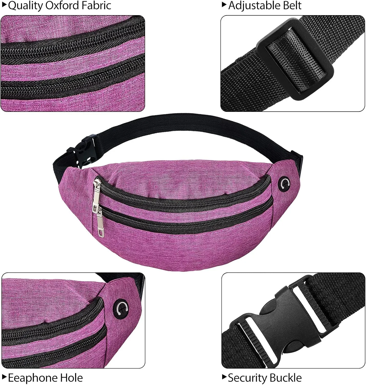 Frienda 6-Piece Crossbody Fanny Pack - Adjustable Sport Waist Pack with Headphone Jack for Men, Women & Kids - Travel, Workout, Running