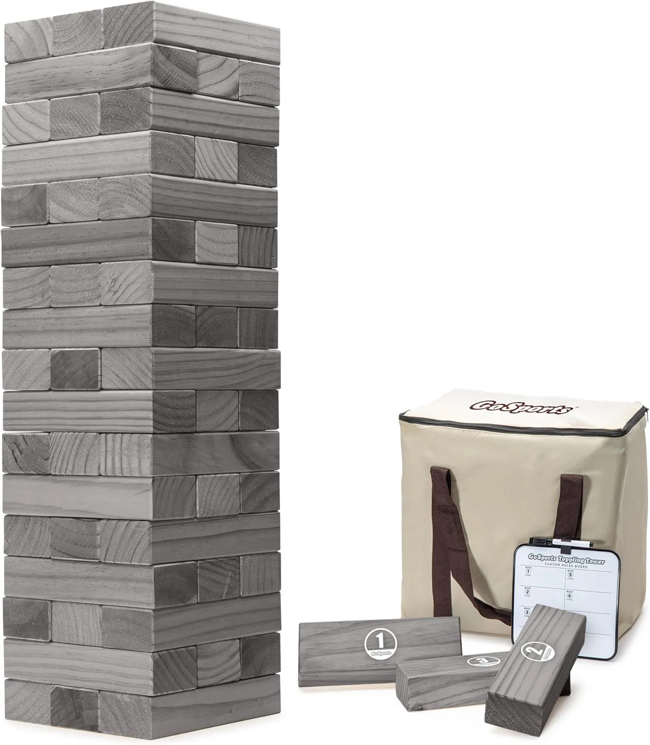 GoSports Large Wooden Stacking Game - Stacks Up to 3 ft - Choose Brown Wood Stain, Gray, or Natural - Toppling Tower