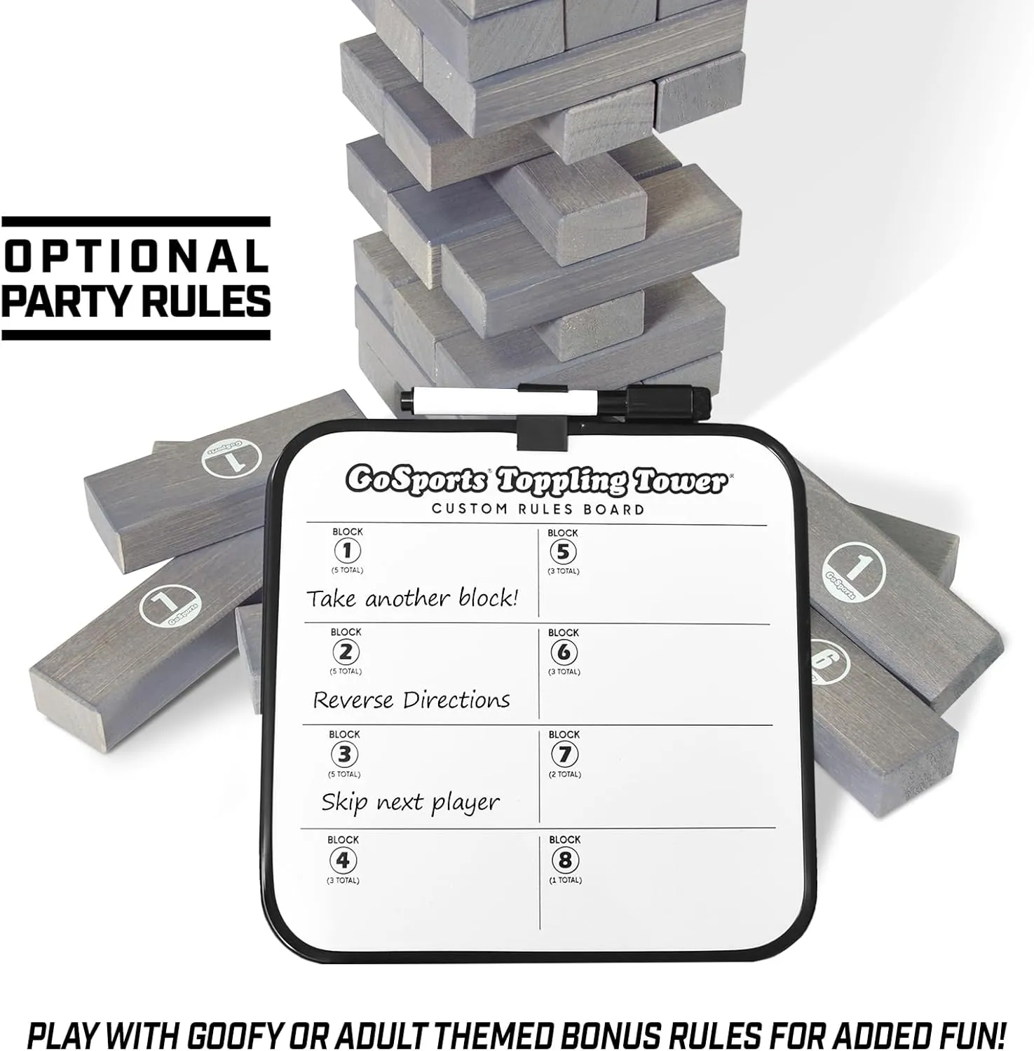 GoSports Large Wooden Stacking Game - Stacks Up to 3 ft - Choose Brown Wood Stain, Gray, or Natural - Toppling Tower