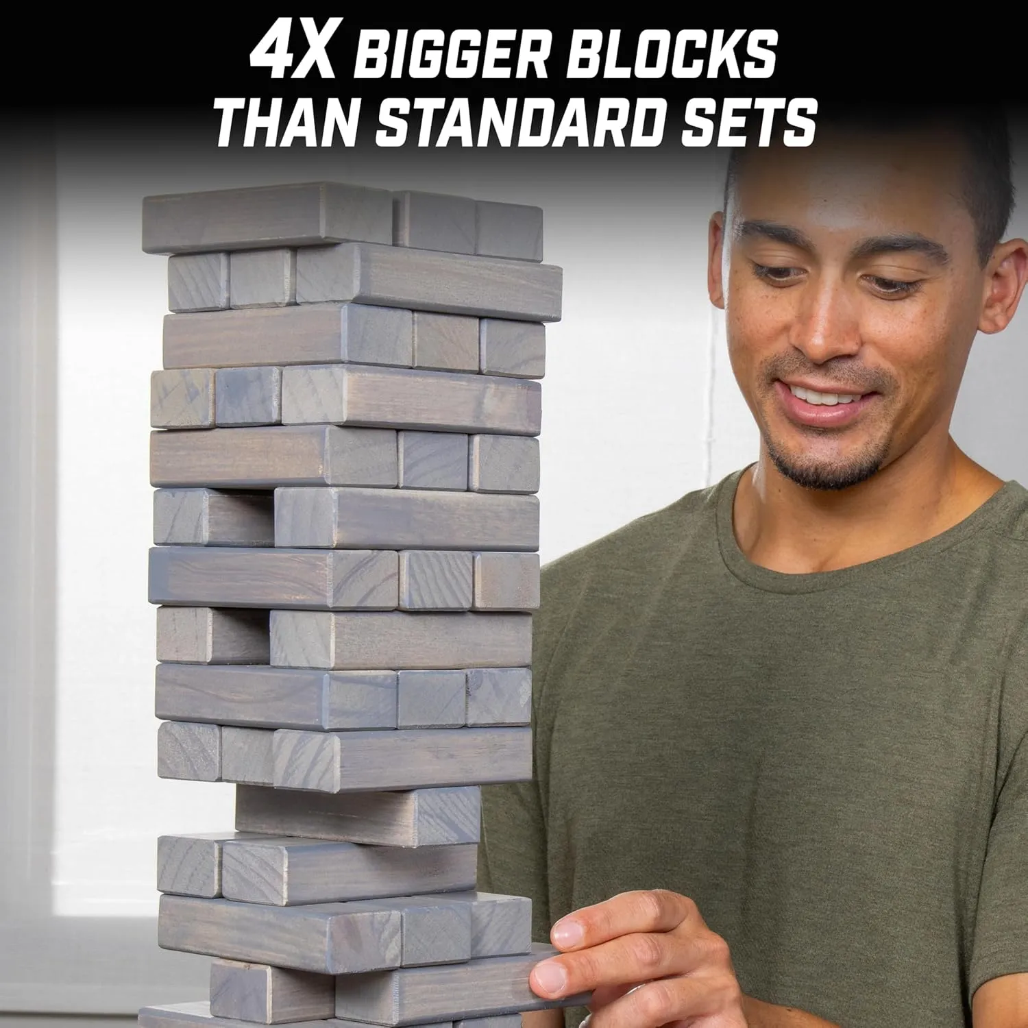 GoSports Large Wooden Stacking Game - Stacks Up to 3 ft - Choose Brown Wood Stain, Gray, or Natural - Toppling Tower