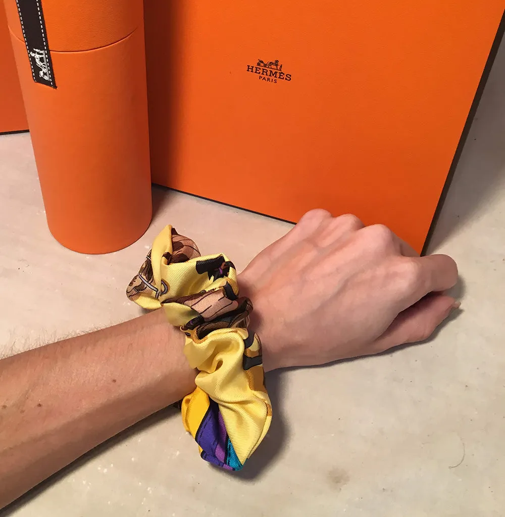 Hermes Vintage Handmade Ecuries Silk Scarf Scrunchie in Yellow