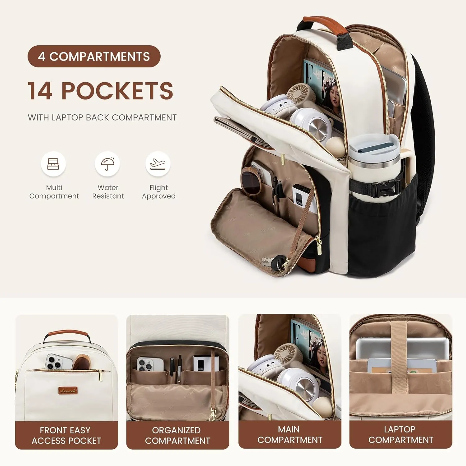 LOVEVOOK Laptop Backpack for Women with Pouch Pocket for Large Capacity Cup,15.6 Inch Laptop Computer Bag Travel Backpack Purse,Waterproof Work Business Backpack College Teacher Bags,Beige-Gray-Black
