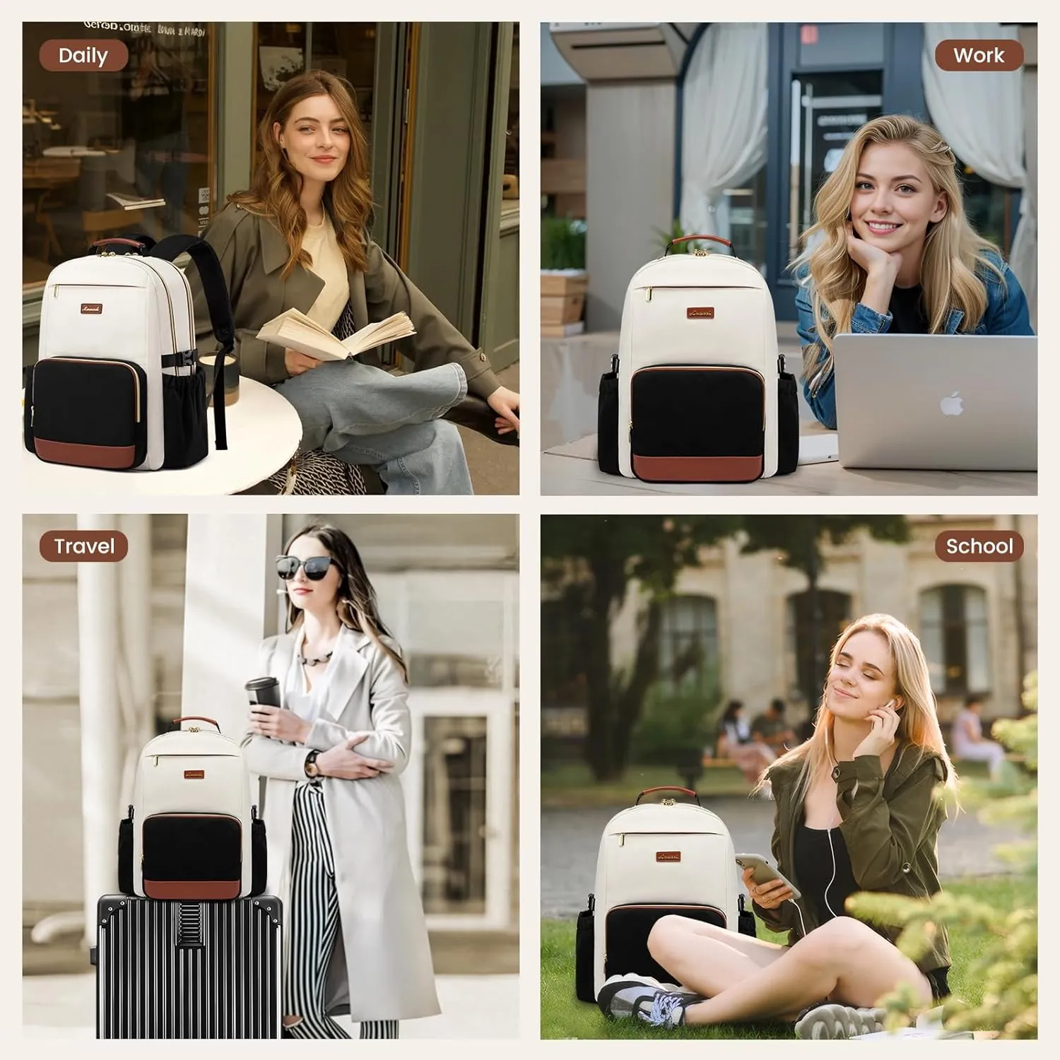 LOVEVOOK Laptop Backpack for Women with Pouch Pocket for Large Capacity Cup,15.6 Inch Laptop Computer Bag Travel Backpack Purse,Waterproof Work Business Backpack College Teacher Bags,Beige-Gray-Black