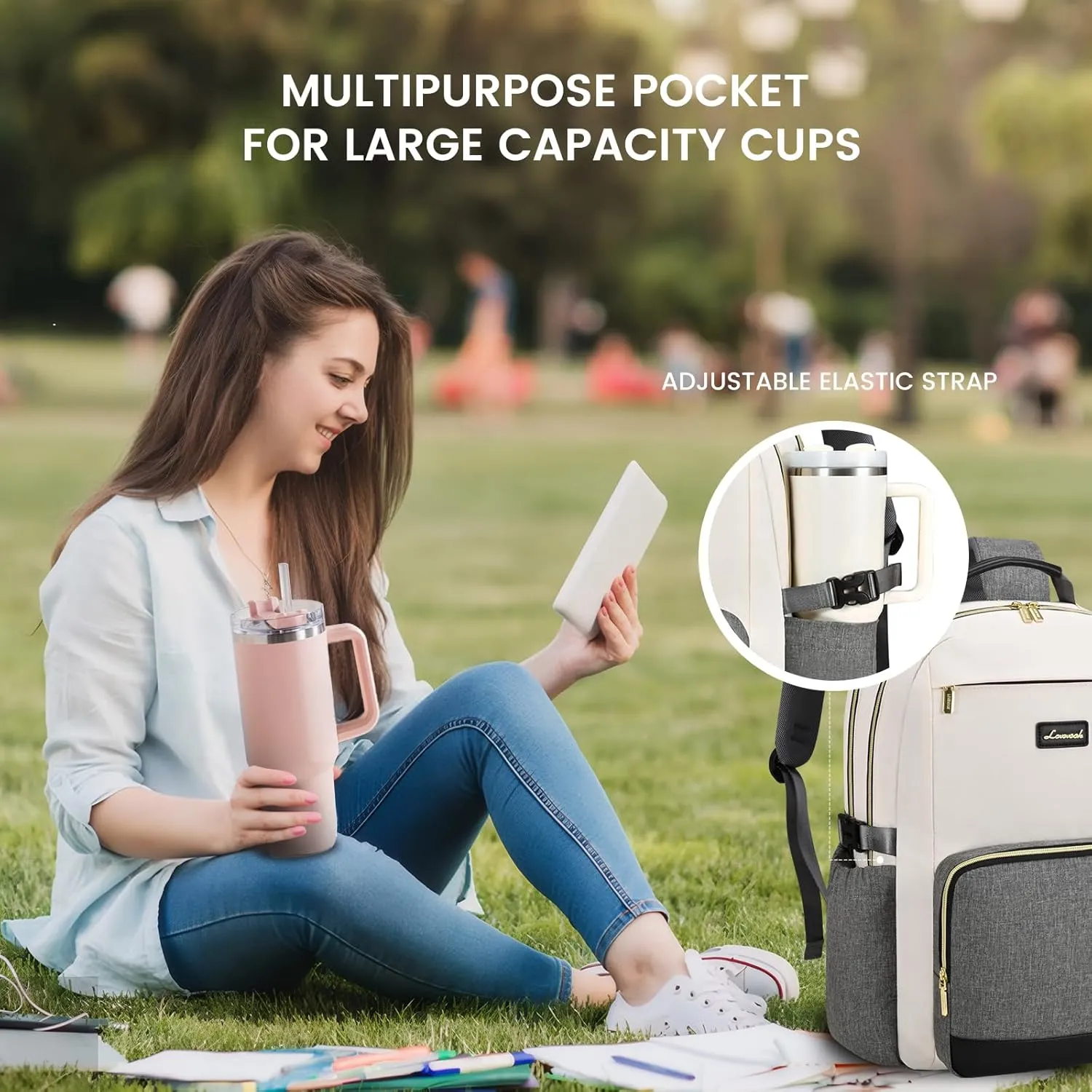 LOVEVOOK Laptop Backpack for Women with Pouch Pocket for Large Capacity Cup,15.6 Inch Laptop Computer Bag Travel Backpack Purse,Waterproof Work Business Backpack College Teacher Bags,Beige-Gray-Black