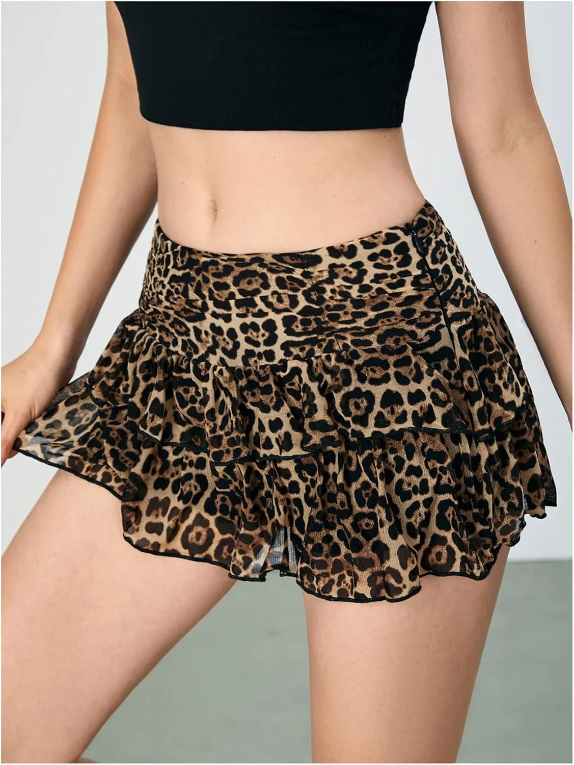 MakeMeChic Women's Lace Mini Skirt with Shorts Leopard Ruffle Skirt Skort
