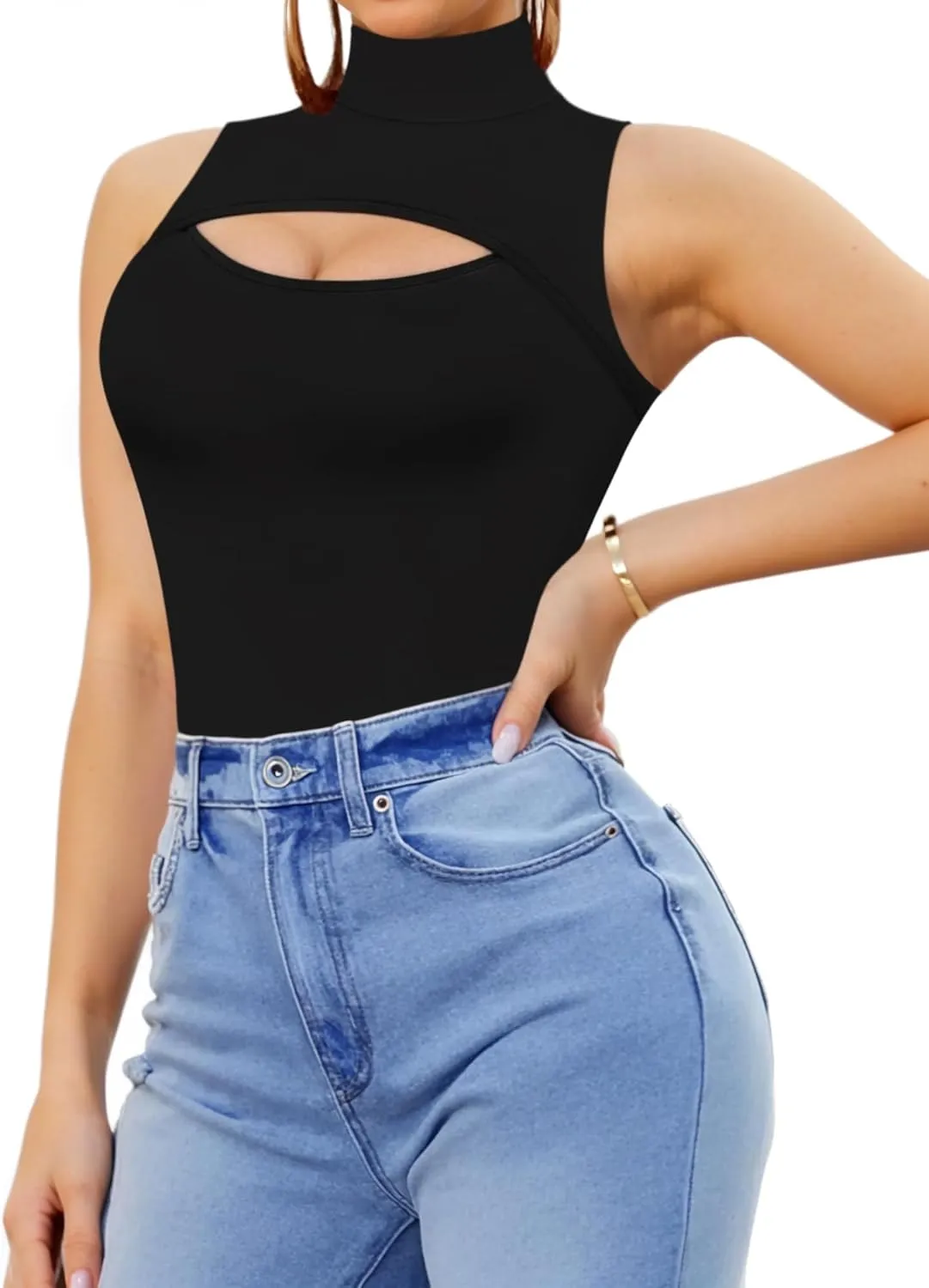 MANGOPOP Mock Neck Cutout Front Top Long Sleeve Sleeveless Bodysuits for Women