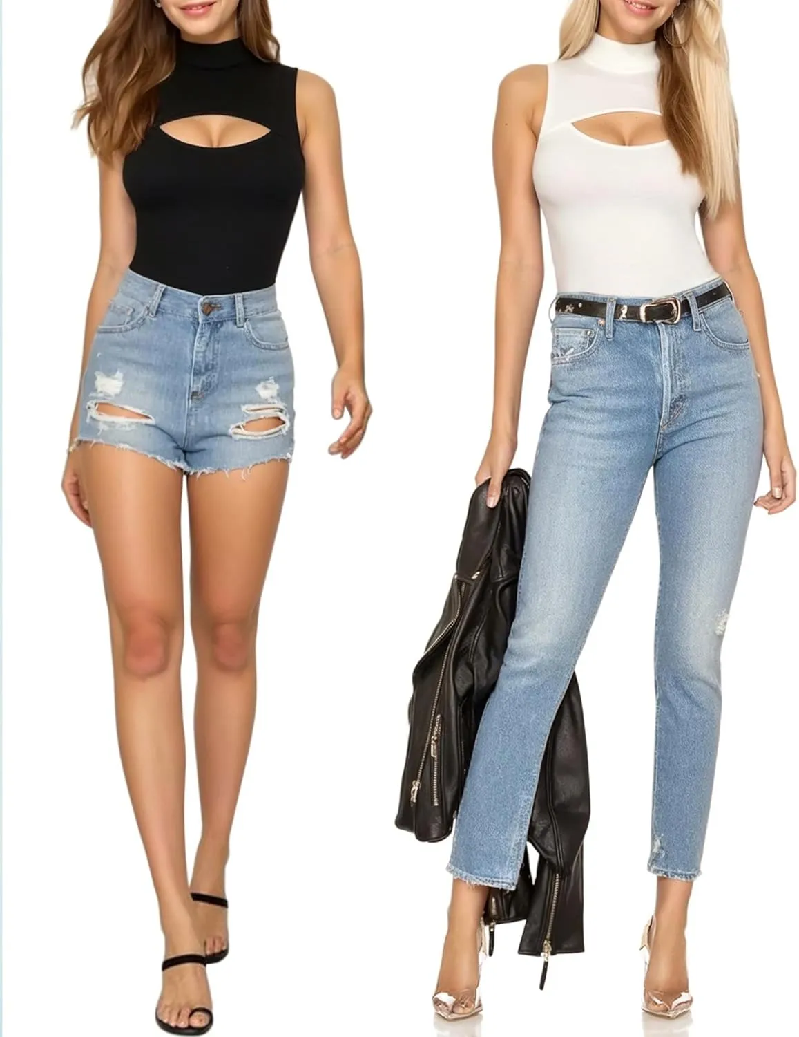 MANGOPOP Mock Neck Cutout Front Top Long Sleeve Sleeveless Bodysuits for Women