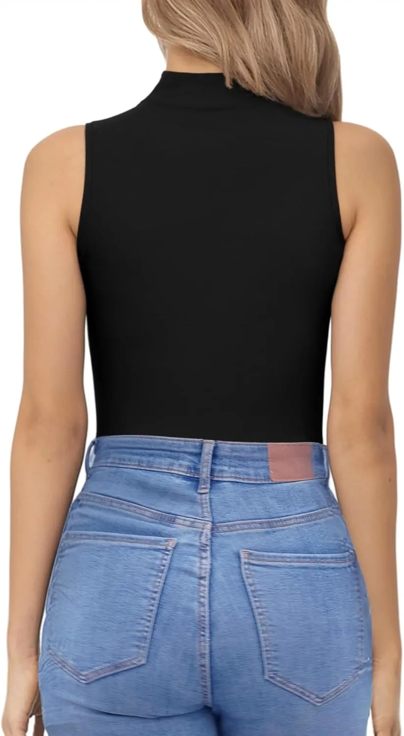 MANGOPOP Mock Neck Cutout Front Top Long Sleeve Sleeveless Bodysuits for Women