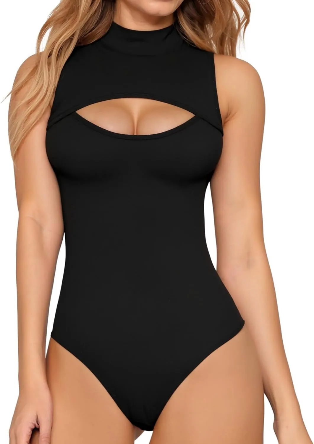 MANGOPOP Mock Neck Cutout Front Top Long Sleeve Sleeveless Bodysuits for Women