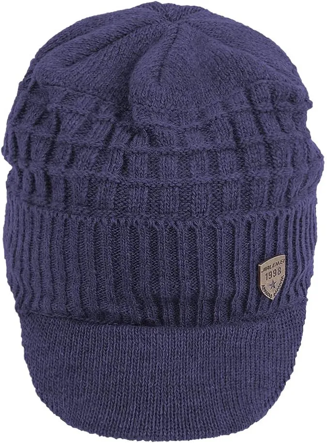 Original One Winter Wool Knitted Chunky Visor Beanie Hat with Brim Fur Lined Peaked Ski Cap