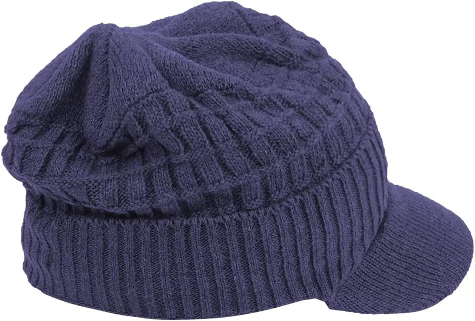 Original One Winter Wool Knitted Chunky Visor Beanie Hat with Brim Fur Lined Peaked Ski Cap
